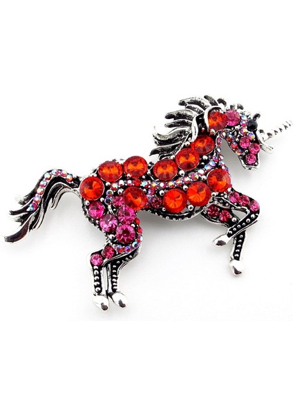 Renkli Kırmızı Pembe Taşlı Büyük Unicorn Tek Boynuzlu At Broş RZ201