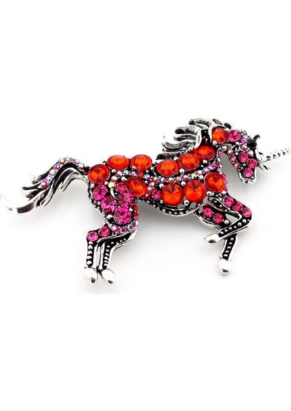 Renkli Kırmızı Pembe Taşlı Büyük Unicorn Tek Boynuzlu At Broş RZ201
