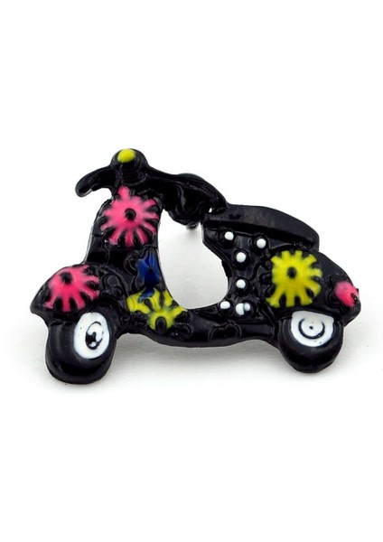 Çiçekli Siyah Vespa Scooter Yaka Çanta Süsü Metal Rozet Pin RZ145