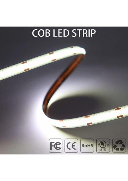 Cob LED Şerit 5metre 12V 480LED/M 6500K Soğuk Beyaz 10W 8mm IP20 Aydınlatma Işık Hortum Kendinden Yapışkanlı