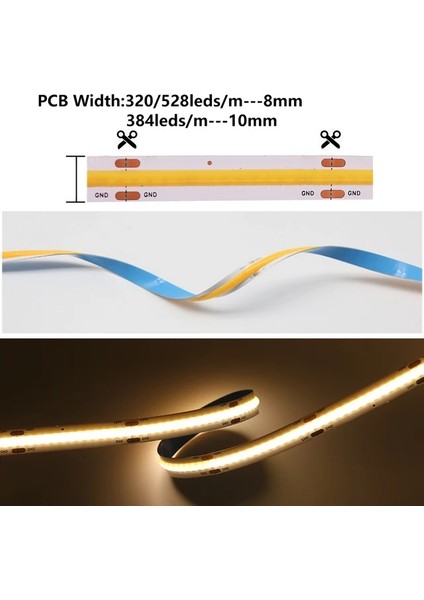 Cob LED Şerit 5metre 12V 480LED/M 3000K Sıcak Beyaz 10W 8mm IP20 Aydınlatma Işık Hortum Kendinden Yapışkanlı