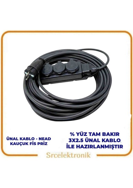 Kauçuk Fiş-3'lü Prizli Uzatma Seyyar Kablo (12 ile 40 Metre Arası) ( 3x2.5 Tam Bakır) Ttr Kablo HO5VV-F