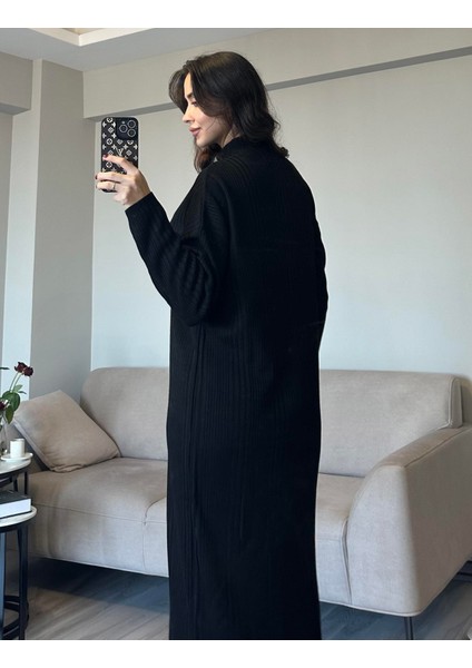 Kadın Siyah Kalın Kışlık Pamuk Triko Oversize Salaş Uzun Elbise Bol Kesim Kadın Maxi Boy Tesettür Elbise