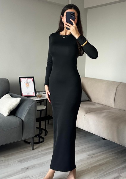 Kadın Siyah Vücuda Oturan Esnek Uzun Kollu Maxi Uzun Kylie Elbise Günlük Basic Uzun Elbise 6335