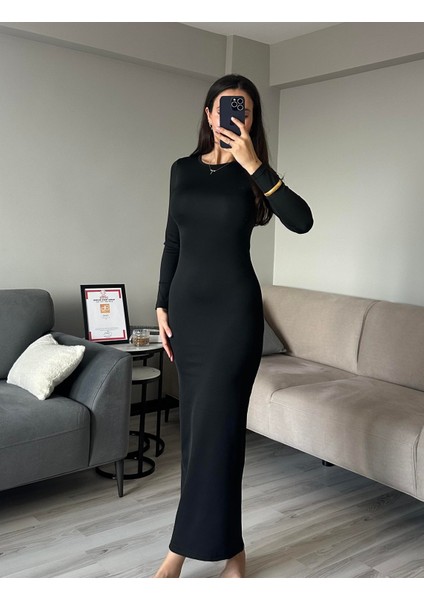 Kadın Siyah Vücuda Oturan Esnek Uzun Kollu Maxi Uzun Kylie Elbise Günlük Basic Uzun Elbise 6335