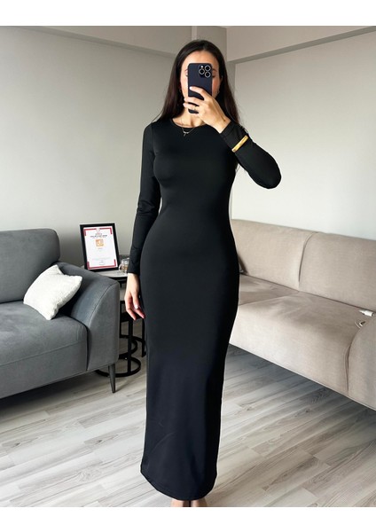 Kadın Siyah Vücuda Oturan Esnek Uzun Kollu Maxi Uzun Kylie Elbise Günlük Basic Uzun Elbise 6335