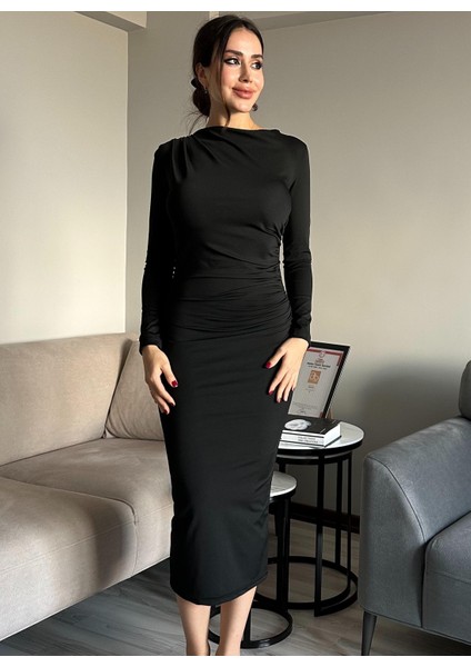 Kadın Siyah Drapeli Vücuda Oturan Esnek Uzun Kollu Maxi Uzun Kylie Elbise Günlük Basic Uzun Elbise