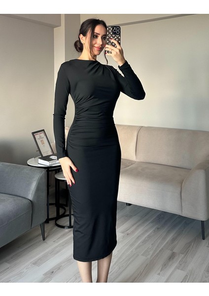 Kadın Siyah Drapeli Vücuda Oturan Esnek Uzun Kollu Maxi Uzun Kylie Elbise Günlük Basic Uzun Elbise fiyatları