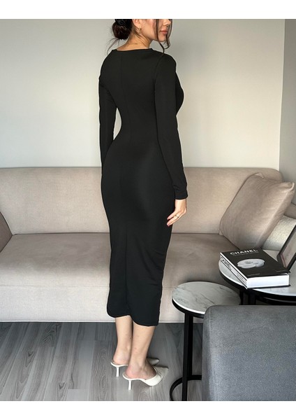 Kadın Siyah Drapeli Vücuda Oturan Esnek Uzun Kollu Maxi Uzun Kylie Elbise Günlük Basic Uzun Elbise modelleri