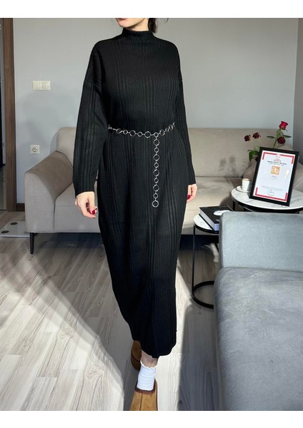 Kadın Siyah Kalın Kışlık Pamuk Triko Oversize Salaş Uzun Elbise Bol Kesim Kadın Maxi Boy Tesettür Elbise