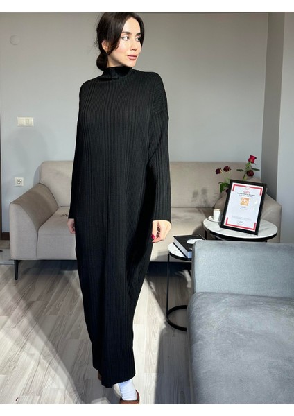 Kadın Siyah Kalın Kışlık Pamuk Triko Oversize Salaş Uzun Elbise Bol Kesim Kadın Maxi Boy Tesettür Elbise