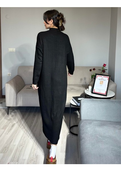 Kadın Siyah Kalın Kışlık Pamuk Triko Oversize Salaş Uzun Elbise Bol Kesim Kadın Maxi Boy Tesettür Elbise