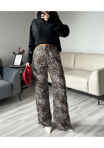 Kadın Leopar Desenli Yüksek Bel Geniş Paça Beli Lastikli Bağcıklı Pamuk Saten Palazzo Pantolon