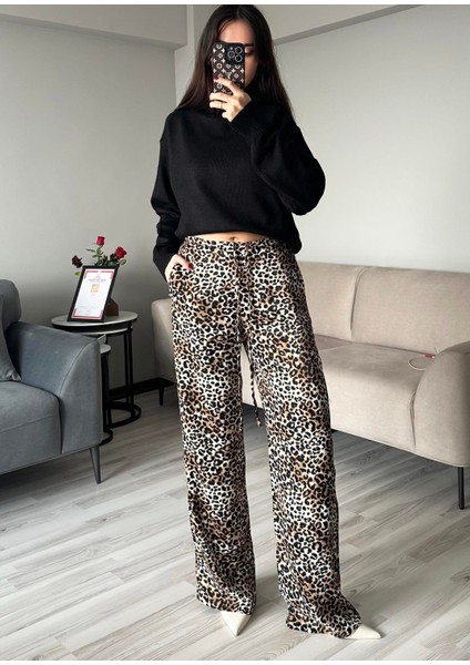 Kadın Leopar Desenli Yüksek Bel Geniş Paça Beli Lastikli Bağcıklı Pamuk Saten Palazzo Pantolon fiyatları
