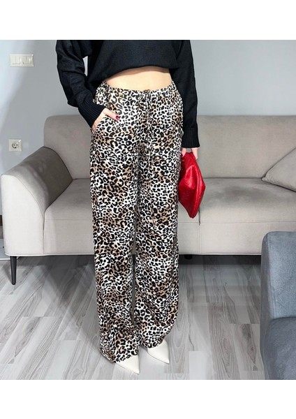 Kadın Leopar Desenli Yüksek Bel Geniş Paça Beli Lastikli Bağcıklı Pamuk Saten Palazzo Pantolon indirimleri