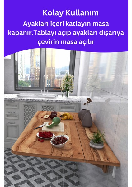 4 Köşesi Oval Zeytin Ahşap Desenli Sabit Raflı Duvara Monte Kırma Katlanır Yemek Mutfak Masası