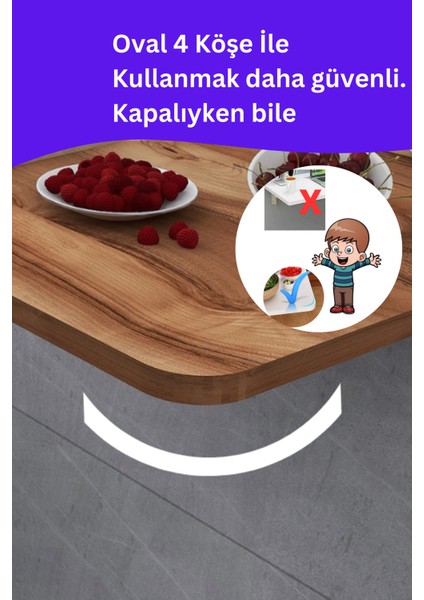 4 Köşesi Oval Zeytin Ahşap Desenli Sabit Raflı Duvara Monte Kırma Katlanır Yemek Mutfak Masası