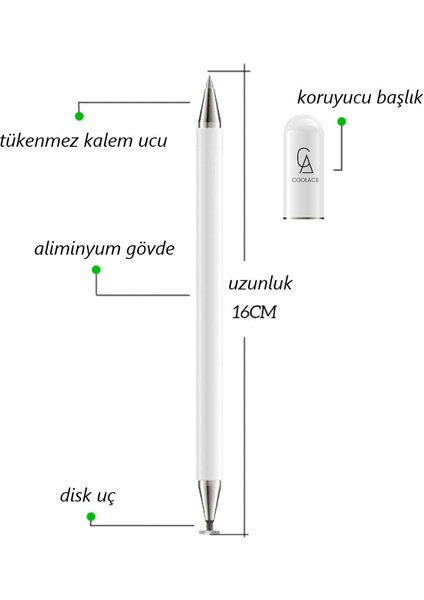 Samsung Galaxy Tab S9 Fe SM-X510 Uyumlu Kalem Passive Stylus 2in1 Tablet Kalemi Çizim & Yazı Kalemi