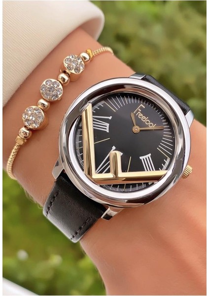 MRD11456 Siyah Deri Kordon Kadın Kol Saati Bileklik Hediyeli