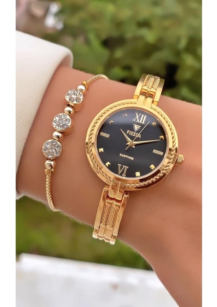 MRD11447 Altın Renk Çelik Kordon ve Kasa Kadın Kol Saati Bileklik Hediyeli