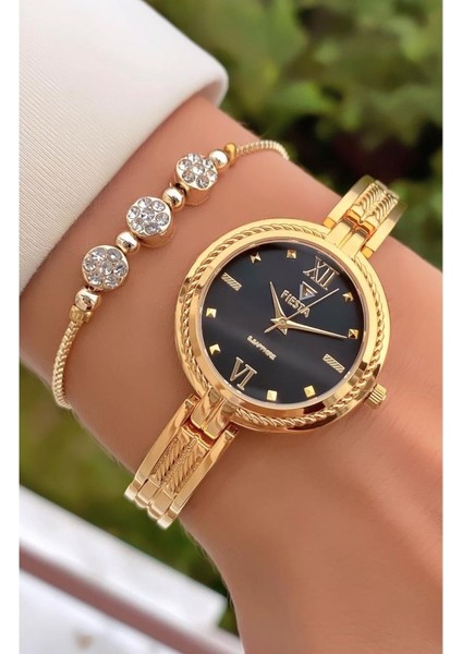 MRD11447 Altın Renk Çelik Kordon ve Kasa Kadın Kol Saati Bileklik Hediyeli modelleri