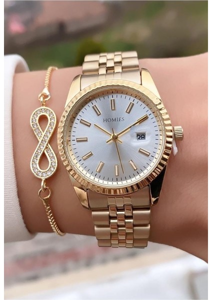 MRD11803 Altın Renk Kadın Kol Saati Bileklik Hediyeli