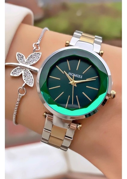 MRD11647 Sarı Gümüş Renk Kesme Cam Kadın Kol Saati Bileklik Hediyeli