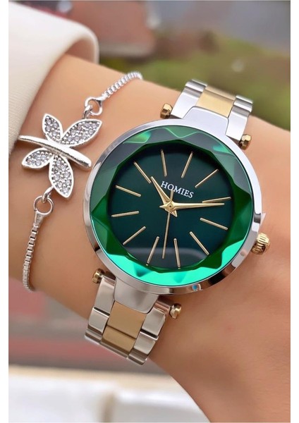 MRD11647 Sarı Gümüş Renk Kesme Cam Kadın Kol Saati Bileklik Hediyeli modelleri