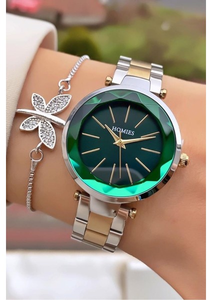 MRD11647 Sarı Gümüş Renk Kesme Cam Kadın Kol Saati Bileklik Hediyeli indirimleri
