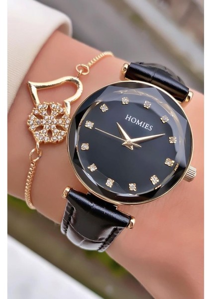 MRD11650 Siyah Renk Deri Kordon Kadın Kol Saati Bileklik Hediyeli