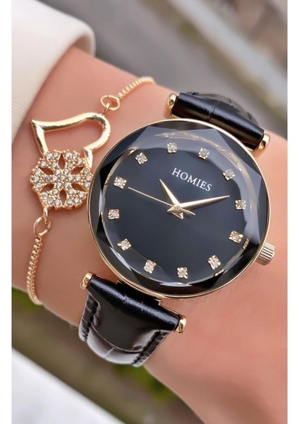 MRD11650 Siyah Renk Deri Kordon Kadın Kol Saati Bileklik Hediyeli modelleri