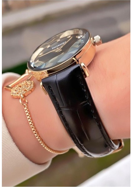 MRD11650 Siyah Renk Deri Kordon Kadın Kol Saati Bileklik Hediyeli fırsatları