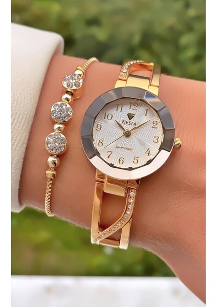 MRD11445 Altın Renk Çelik Kordon ve Kasa Kadın Kol Saati Bileklik Hediyeli