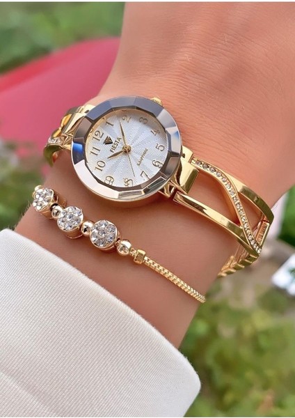 MRD11445 Altın Renk Çelik Kordon ve Kasa Kadın Kol Saati Bileklik Hediyeli fiyatları