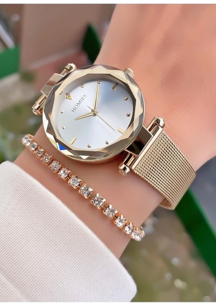 MRD12148 Altın Renk Çelik Hasır Kordon Kadın Kol Saati Bileklik Hediyeli fiyatları