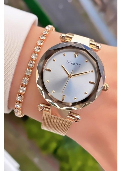 MRD12148 Altın Renk Çelik Hasır Kordon Kadın Kol Saati Bileklik Hediyeli modelleri