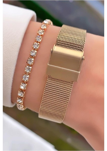 MRD12148 Altın Renk Çelik Hasır Kordon Kadın Kol Saati Bileklik Hediyeli fırsatları