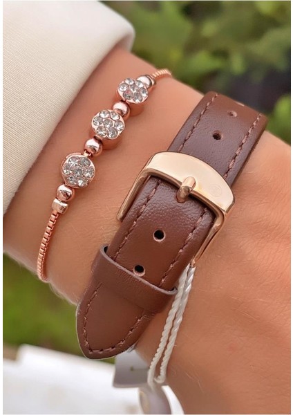MRD11444 Kahverengi Deri Kordon Kadın Kol Saati Bileklik Hediyeli modelleri