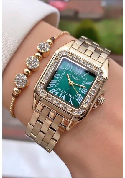 MRD11683 Altın Renk Kare Kadın Kol Saati Bileklik Hediyeli