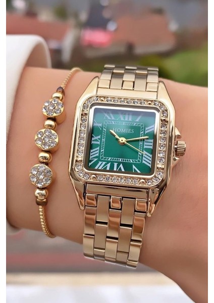 MRD11683 Altın Renk Kare Kadın Kol Saati Bileklik Hediyeli modelleri