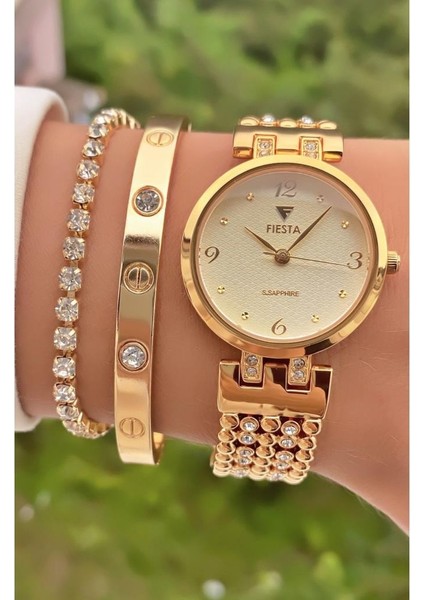 MRD11440 Altın Renk Çelik Kordon ve Kasa Kadın Kol Saati Bileklik Hediyeli