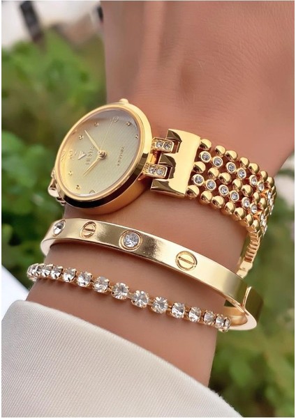 MRD11440 Altın Renk Çelik Kordon ve Kasa Kadın Kol Saati Bileklik Hediyeli fiyatları