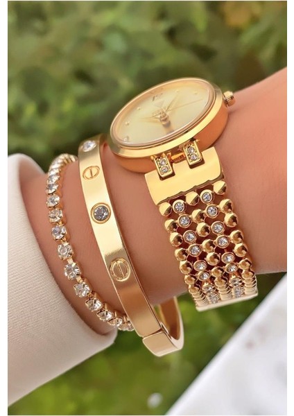 MRD11440 Altın Renk Çelik Kordon ve Kasa Kadın Kol Saati Bileklik Hediyeli modelleri