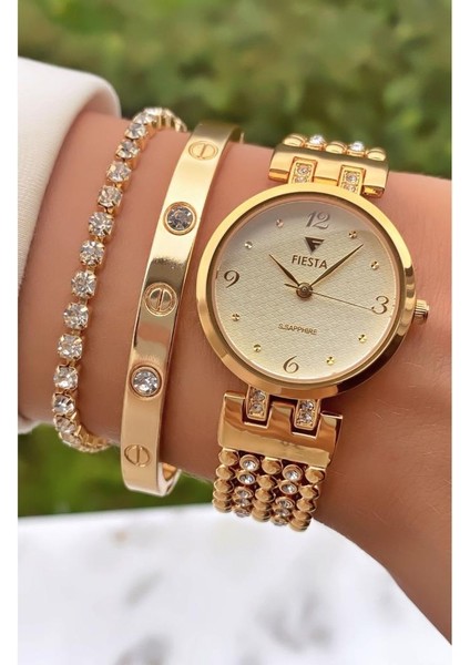 MRD11440 Altın Renk Çelik Kordon ve Kasa Kadın Kol Saati Bileklik Hediyeli indirimleri