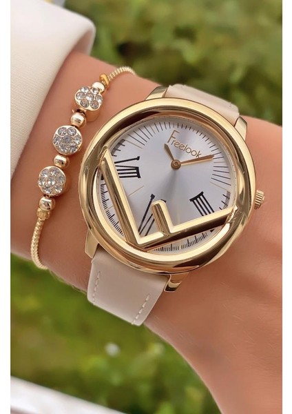 MRD11455 Bej Deri Kordon Kadın Kol Saati Bileklik Hediyeli