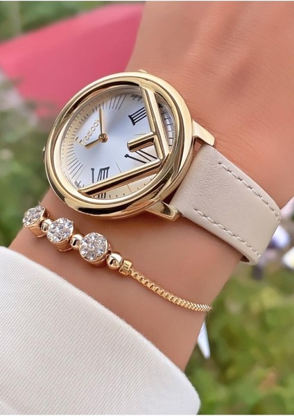 MRD11455 Bej Deri Kordon Kadın Kol Saati Bileklik Hediyeli fiyatları