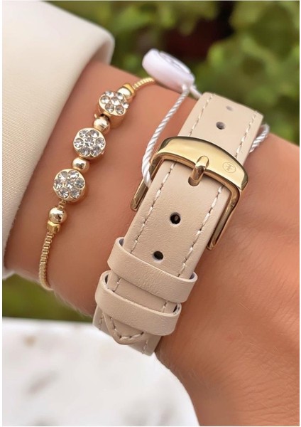 MRD11455 Bej Deri Kordon Kadın Kol Saati Bileklik Hediyeli modelleri