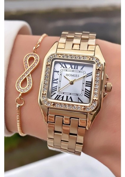 MRD12118 Altın Renk Kadın Kol Saati Bileklik Hediyeli