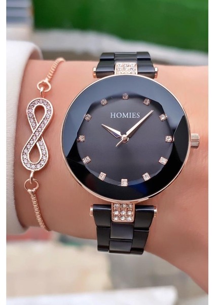 MRD11542 Rose Siyah Renk Kadın Kol Saati Bileklik Hediyeli
