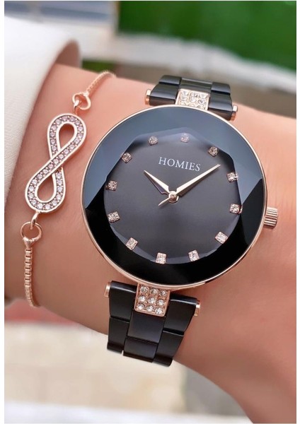 MRD11542 Rose Siyah Renk Kadın Kol Saati Bileklik Hediyeli modelleri
